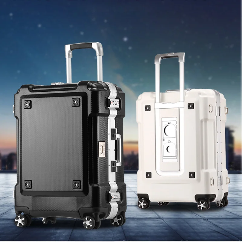 New Aluminum Frame Rolling luggage with Cup Holders Trolley suitcase on wheels Mens Business Hand hardside rolling Luggage