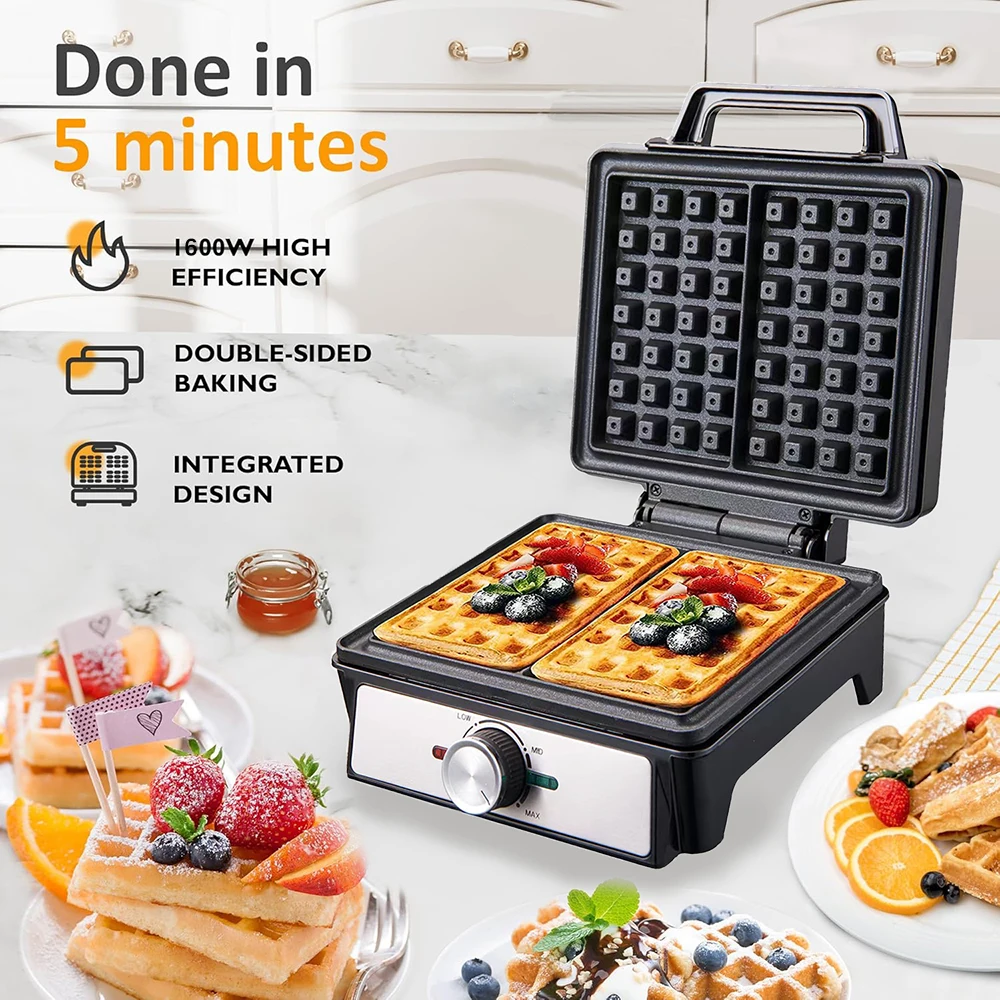 Waffles Maker 2 Slices Adjustable Temperature Electric Breakfast Belgian Waffle Machine Non-Stick Egg Cake Iron Plates 1600W 2