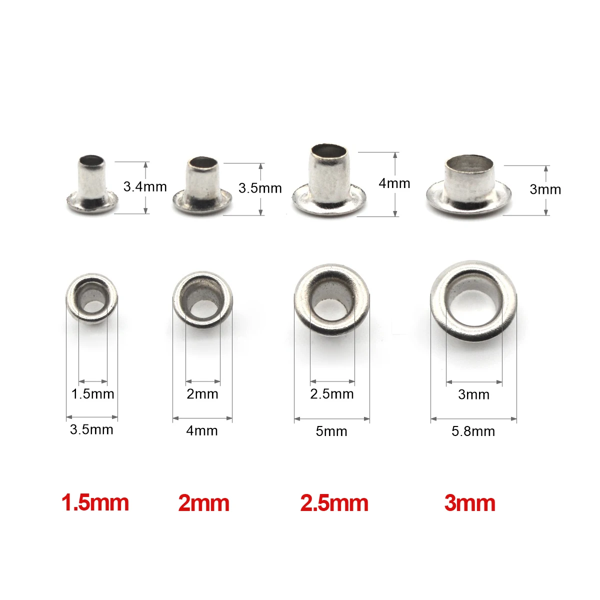 Mini Size Brass Material Silver Color Grommet Eyelets Without Washer Fit Craft DIY Supplies 1.5mm 2mm 2.5mm 3mm 200Pcs