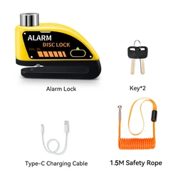 Rechargeable Waterproof 120dB Loud Motorcycle Anti-Theft Alarm Disc Brake Lock (Yellow and 1.5M Rope)