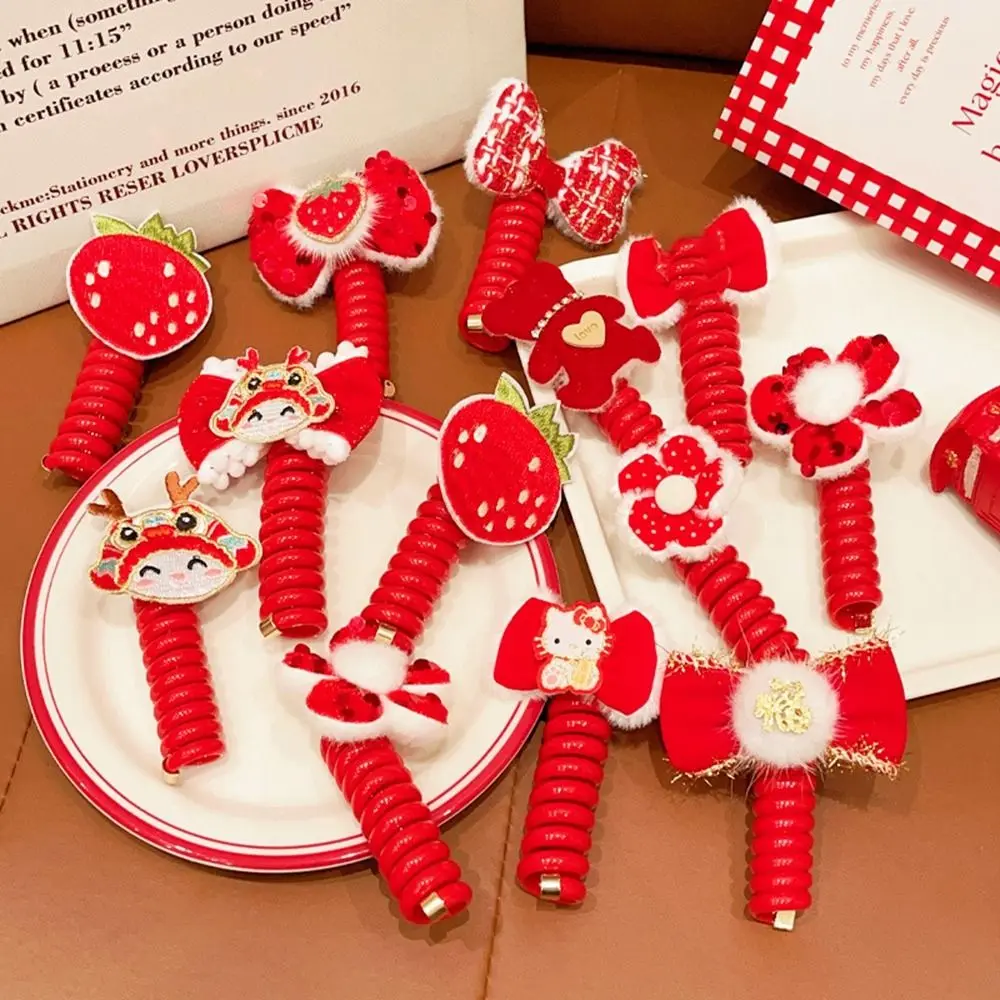 

Red Telephone Line Hair Rope Cute Plastic Flower Bowknot Hair Ring Plush Korean Style New Year Ponytail Holder Female/Children