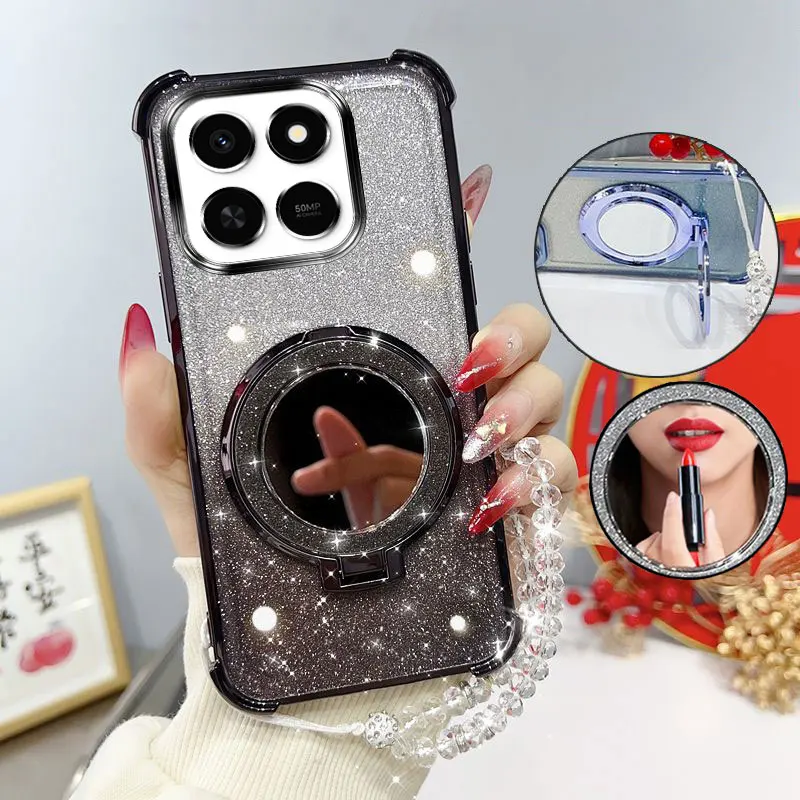 Glitter Shockproof Phone Case with Mirror Stand and Beaded Strap