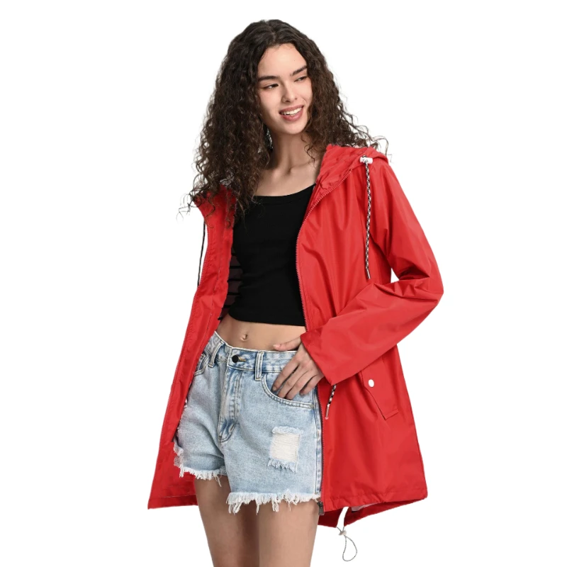 Waterproof Raincoat Womens Casual Basic Outdoors Trench Classic Zipper Long Windbreaker Outdoor Climbing Hooded Tops