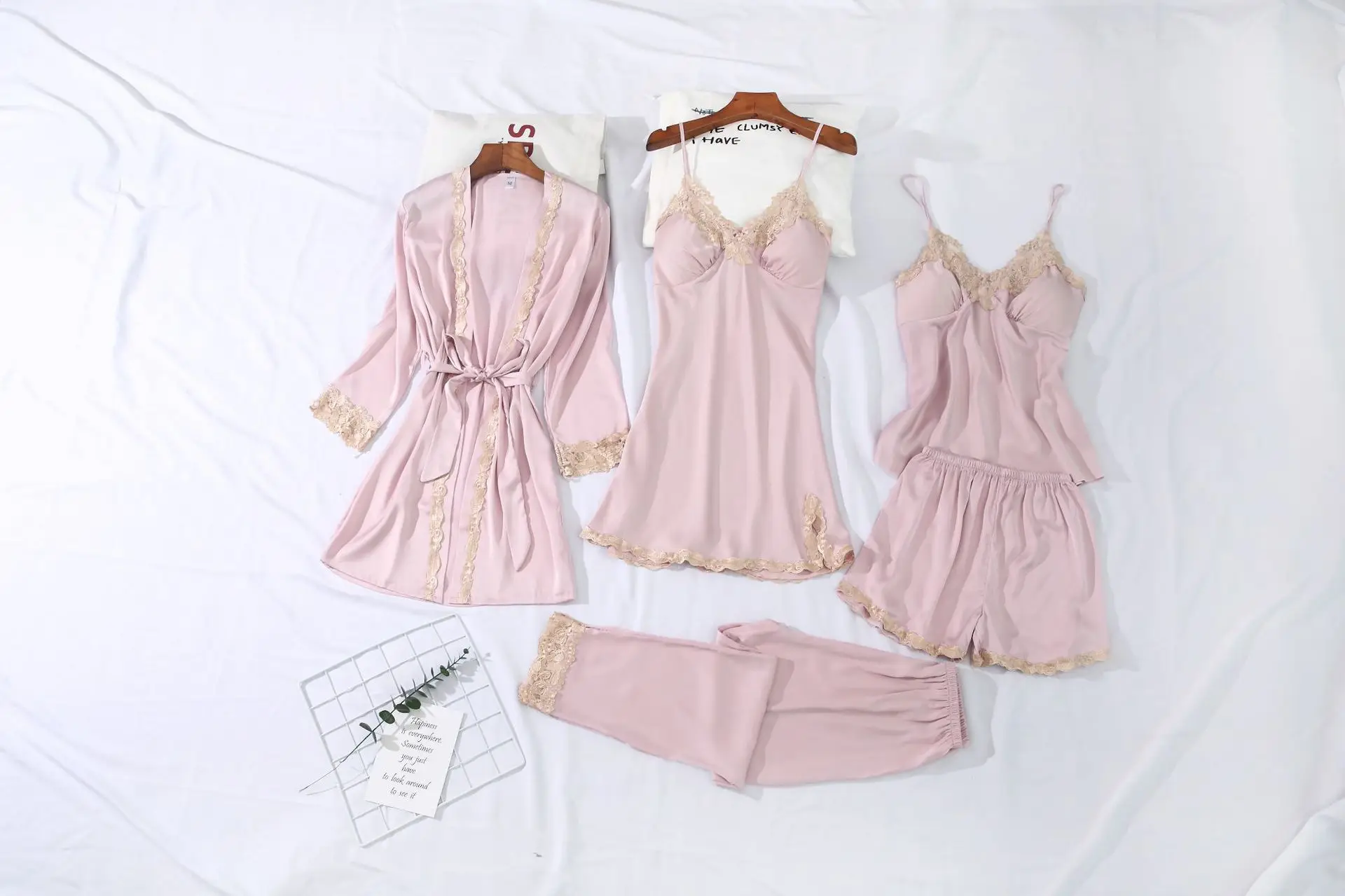 5PCS Sexy Robe Sets Cardigan Lace Kimono Gown Strap Nighty Women Summer Pyjamas Suits Full Sleeve Nightwear Intimate Lingerie sexy pajama sets Pajama Sets