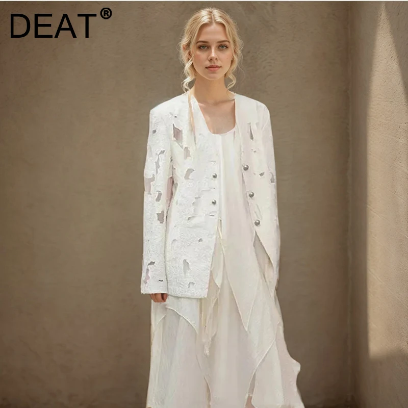 DEAT Fashion Jacquard Perspective Blazer Women's V-neck Loose Long Sleeve Single Breatsed Suit Jackets New 1DH7169