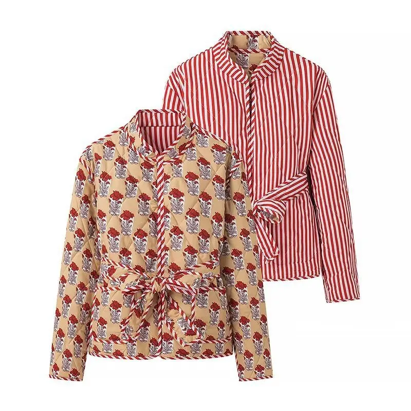 Women's Quilted Jacket Fall Winter New Floral Print Thickened Stand-up Collar Cotton Jacket Fashionable Outerwear