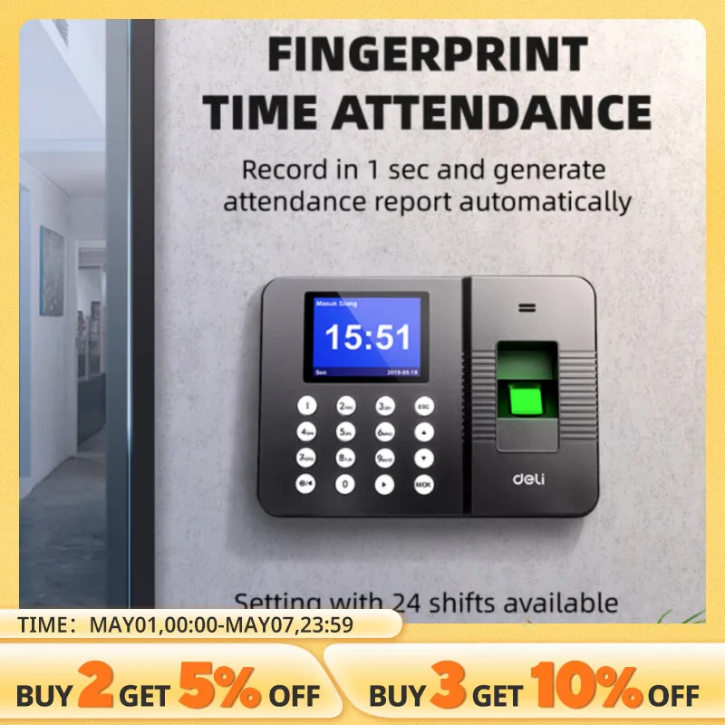 Deli Fingerprint Time Attendance System Biometric Clock Recorder Employee Recorder Management Device Electronic Machine E3960