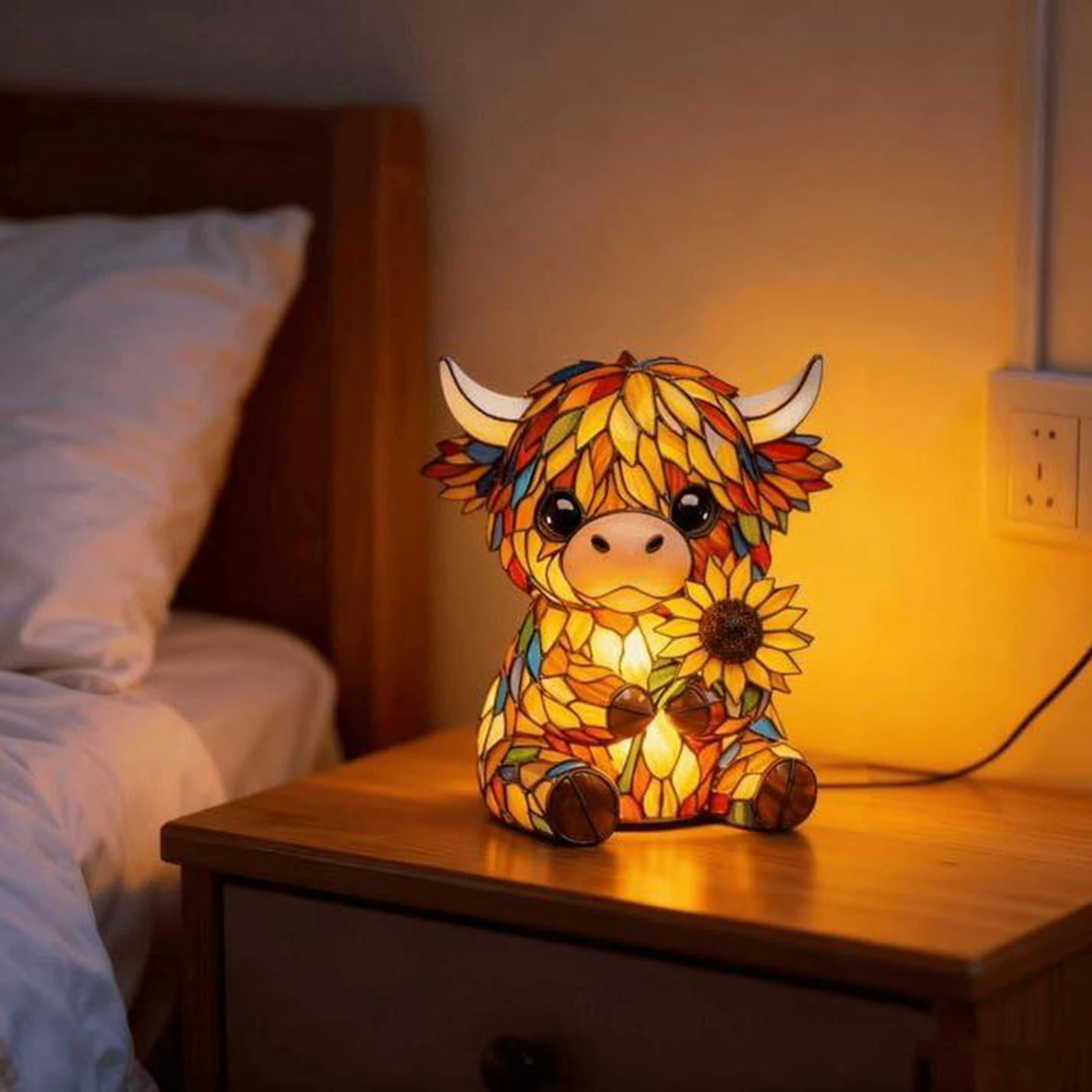 LED 3D 동물 무드등 해바라기 하이랜드 소 테이블 램프 수공예 스테인드글라스 무드등 거실 책상 장