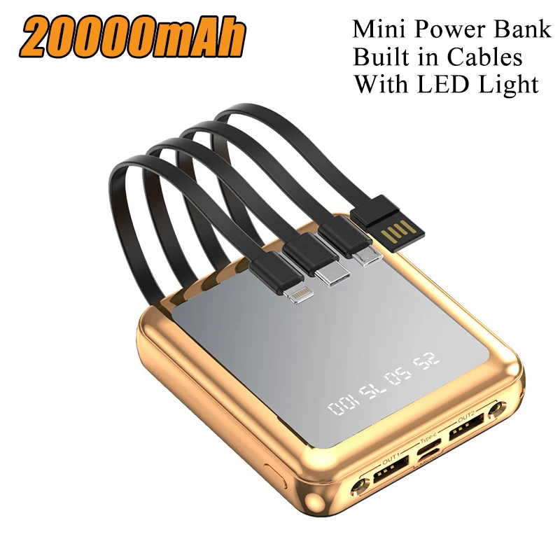 

20000mAh Mini Power Bank With Cables Portable Battery Charger for iPhone 14 Samsung S23 Huawei Xiaomi 9 Powerbank with LED Light