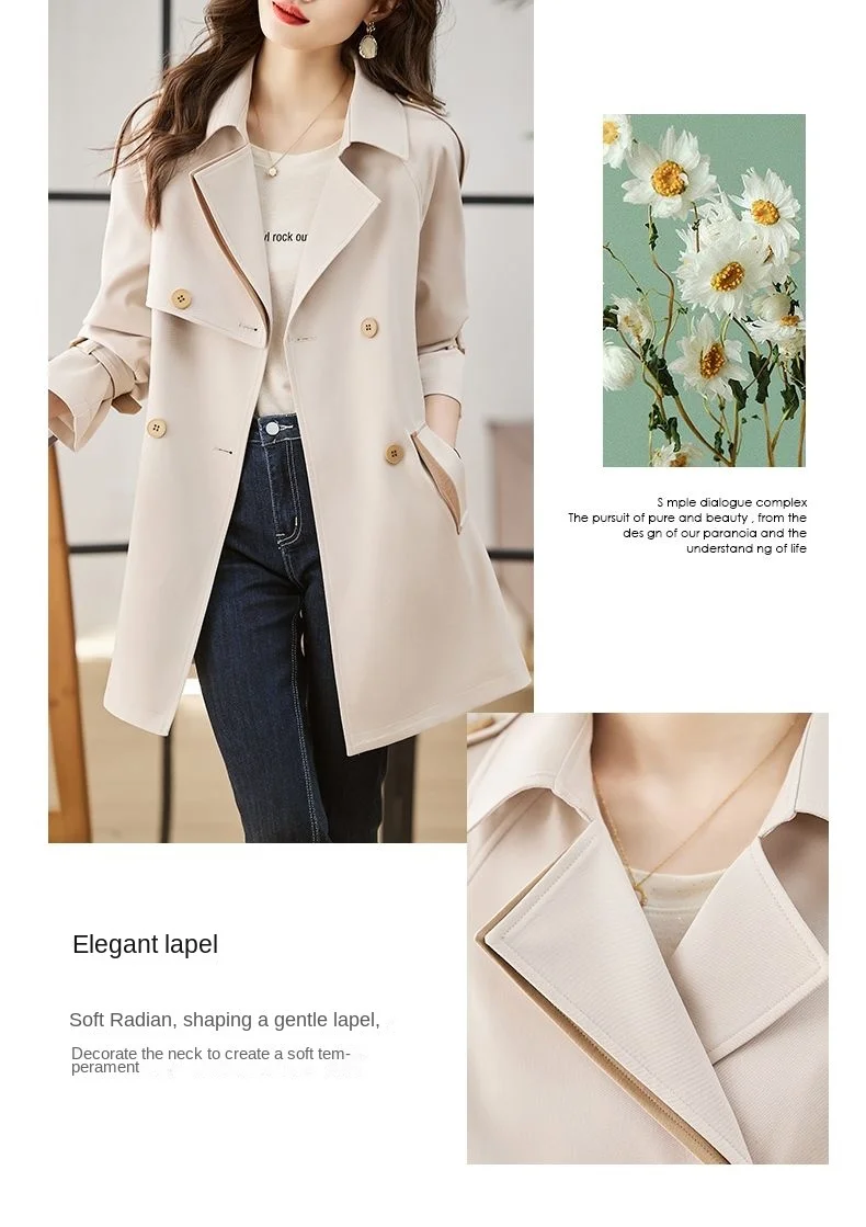 Solid Mid length Trench for Women Fall Winter 2023 New Vintage Turn Down Collar Long Sleeve Jacket Loose Double Breasted Coat