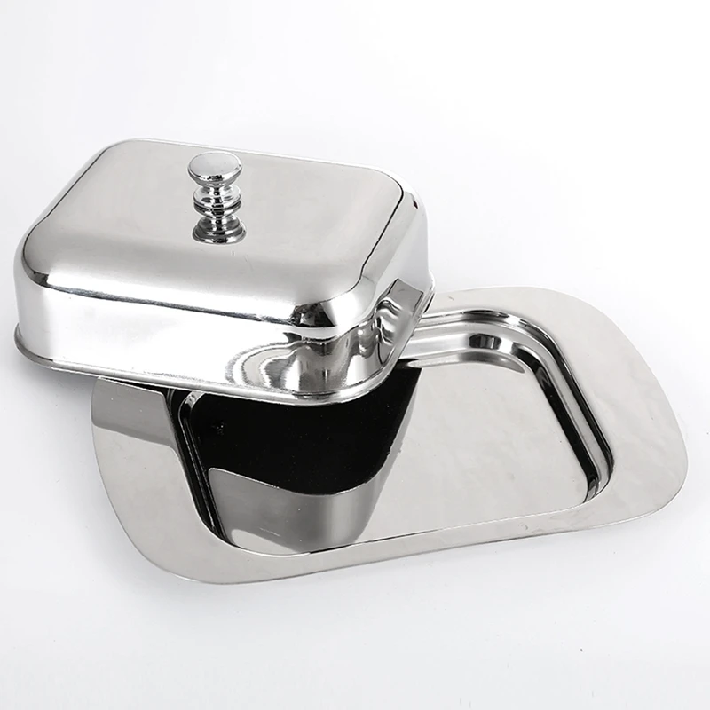 Stainless Steel Butter Dish Box Container Shiny Cheese Server Storage Keeper Tray with Easy to Hold Lid butter