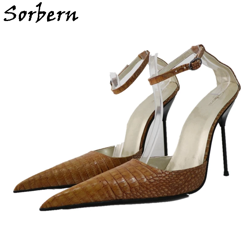 Sorbern Sexy Brown Crocodile Ankle Strap Pumps Women Pointy Toes Metal