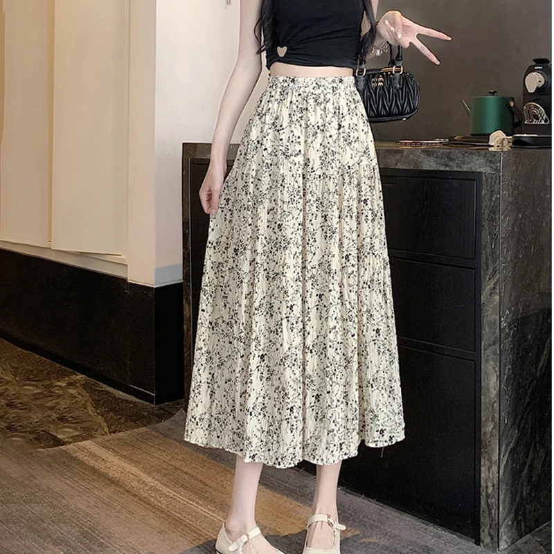 ZOCI Women's Summer Vintage Print Long Skirt Elastic High Waist Elegant Midi Skirts Casual Slim Fit Office A-Line Skirts Female 3