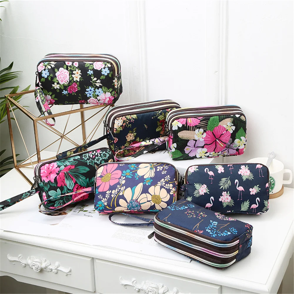 Three-layer Zipper Long Women Waterproof Nylon Colorful Printed Cloth Wristlet Bag Coin Purse Mobile Phone Holder Small Clutch