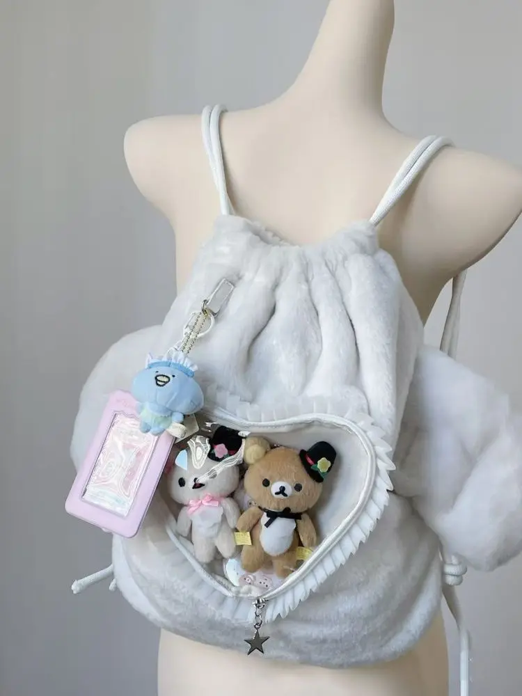 JIAERDI Plush Angel Wing Black Ita Bag Backpack Women Harajuku Aesthetic String  Y2k Backpacks Ladies Sweet Cute Heart Mochila