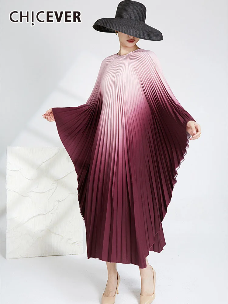 

CHICEVER Gradient Oversize Dresses For Women O Neck Batwing Sleeve High Waist Colorblock Fashion Pleated Dress Female Summer New