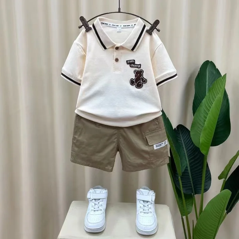

Turn Down Collar Baby Boys Summer Clothes Cartoon Short Sleeve Shirt And Shorts Two Piece Outfits 1-8Y Kids Sport Boutique Suit