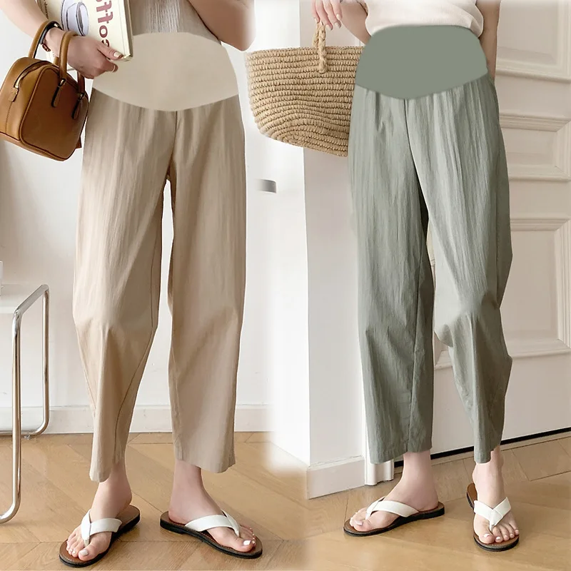 

Summer Maternity Cotton Linen Pants Wide Leg Loose Elastic Waist belly Pants Clothes for Pregnant Women Casual Pregnancy