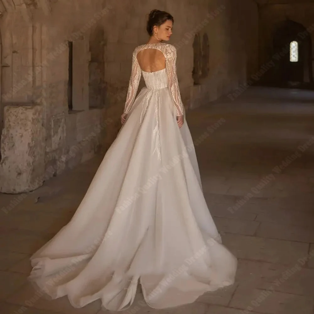 Elegant  Long Sleeves Women Wedding Dresses Sweetheart Collar Bride Gowns Wedding Dress Hems Mopping Length Vestidos Customized 2