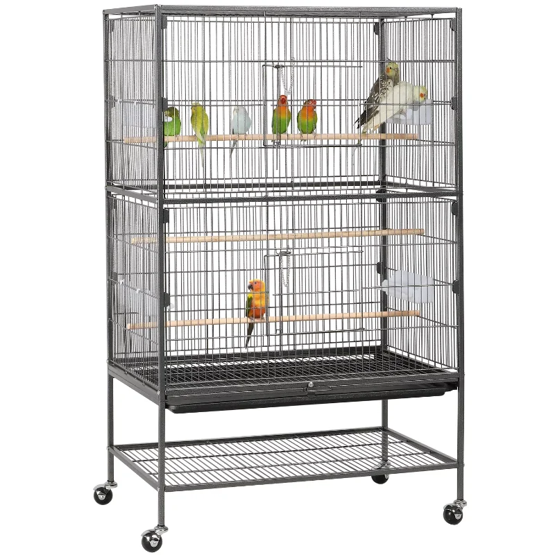 

SmileMart Metal 52" Large Rolling Bird Cage with 3 Perches and 4 Feeders, Black bird cage