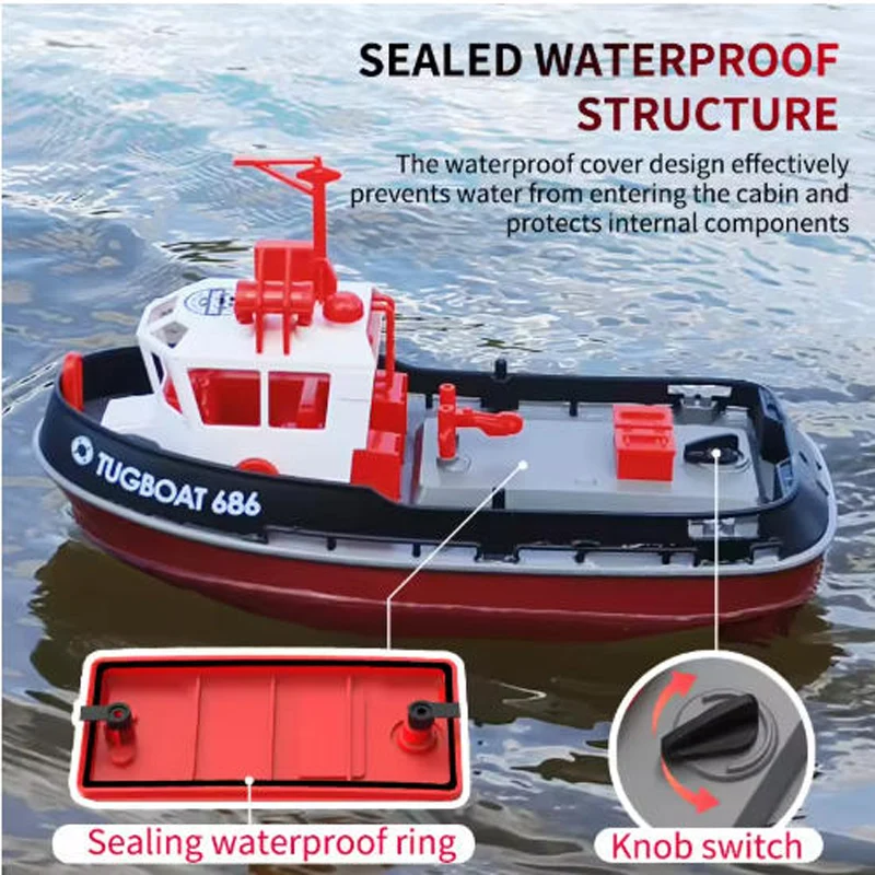Bateau RC Remorqueur 1:72 en action, télécommandé et étanche pour enfants.