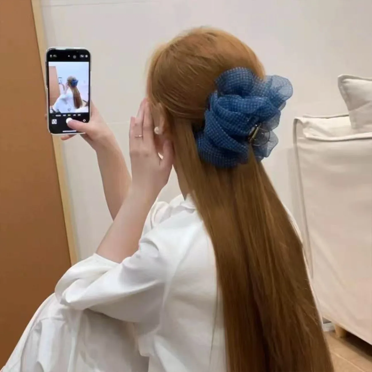 ブルーのチェック柄シアサッカーヘアクリップ、女性用エレガントな気質