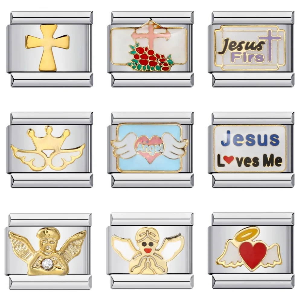 URING Mode Glasur Winkel Flügel Kreuz Jesus Mode Charms Italienische Links 9mm Armbänder Armreif Edelstahl DIY Herstellung Von Schmuck
