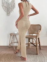 Fashionable and elegant hollow out dress with round neck and waist clip skirt, sleeveless slim fit woolen dress for women - Image 2