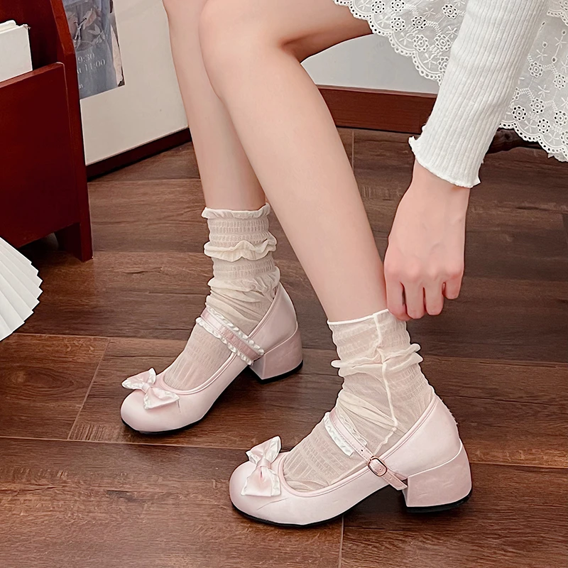 New Women Pumps Ladies Ballet Mary Jane Riband Chunky Heel Shallow Sandals Female Lolita Round Toe Sweet Bow-knot Cozy Shoes