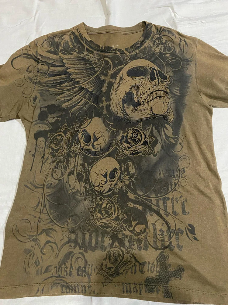 E Girl Gothic Retro Cyber Grunge Mall Goth Tops Y2K Skull Graphic Print ...