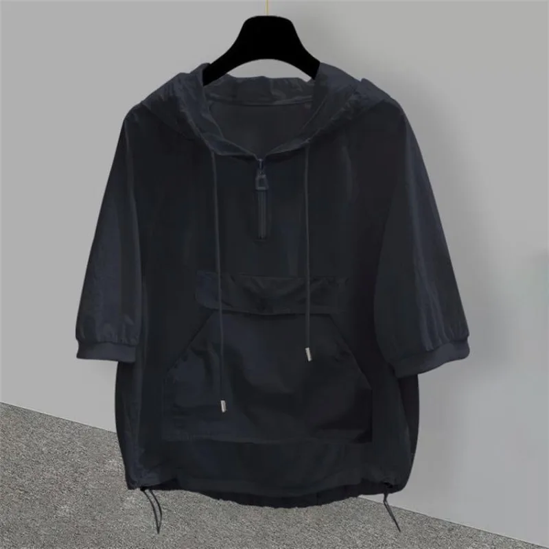 Summer Short-sleeved Sweatshirt Zipper Hoodie Men T-shirt Pocket Loose Tops Black White T-shirt Patchwork Shirts Men Clothing