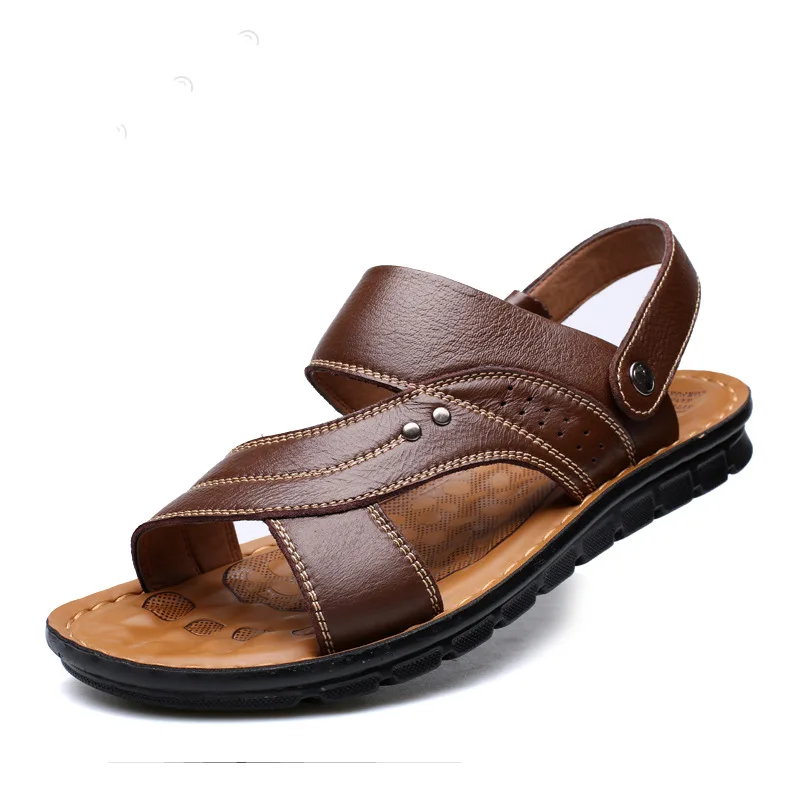 Men\'s Summer New Men\'s Sandals Men\'s Leather Beach Shoes Casual Men\'s Shoes Fashion Slippers Stripe Sandals Rubber  Mens Shoes