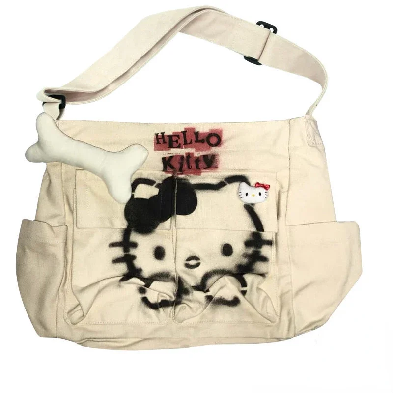 

Sanrio Backpacks for Women Cute Hello Kitty Hand-Painted Inkjet Distressed Cotton Linen Hot Girl Messenger Trenddy Bag