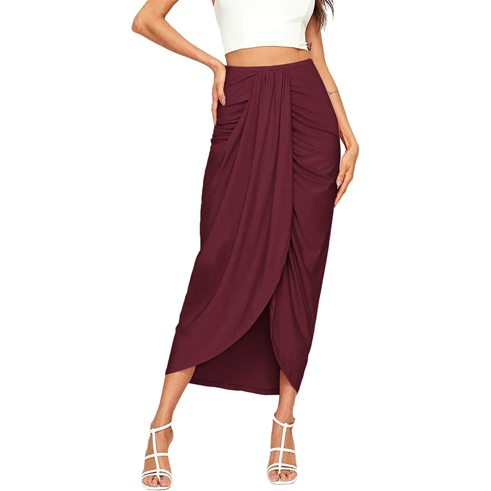 

Chic Elegant Party Wine Skirt Asymmetrical Casual Slit Wrap Falda Elastic High Waist Maxi Draped Skirts Womens 2023 Faldas Mujer