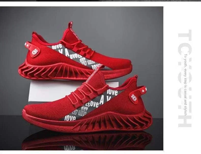 A stylish pair of lightweight, breathable men’s sneakers with a mesh design red 5