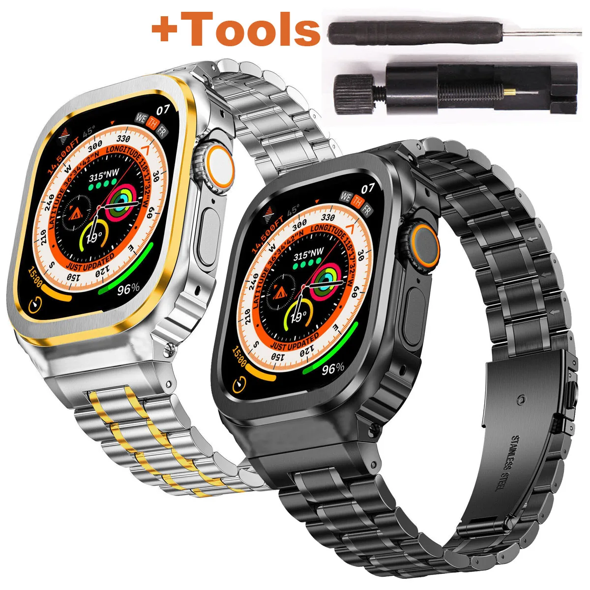 

Mod Kit Stainless Steel Strap+Metal Case Ultra 49mm For Apple Watch Series 8 7 6 5 SE 45mm 44mm 40mm 41mm Modification Band