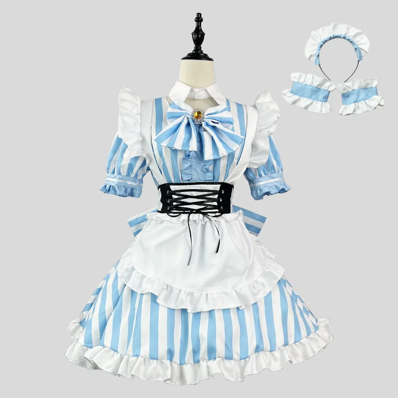 

S-5XL Japanese Lolita Sweet Blue White Stripes Maidservant Maid Restaurant Apron Dress Uniform Outfits Anime Cosplay Costume