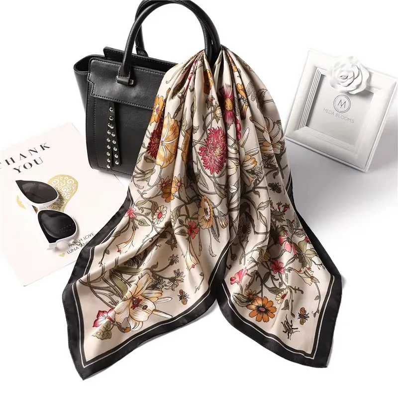 Elegant Floral Silk-Feel Scarf - Versatile Square Wrap