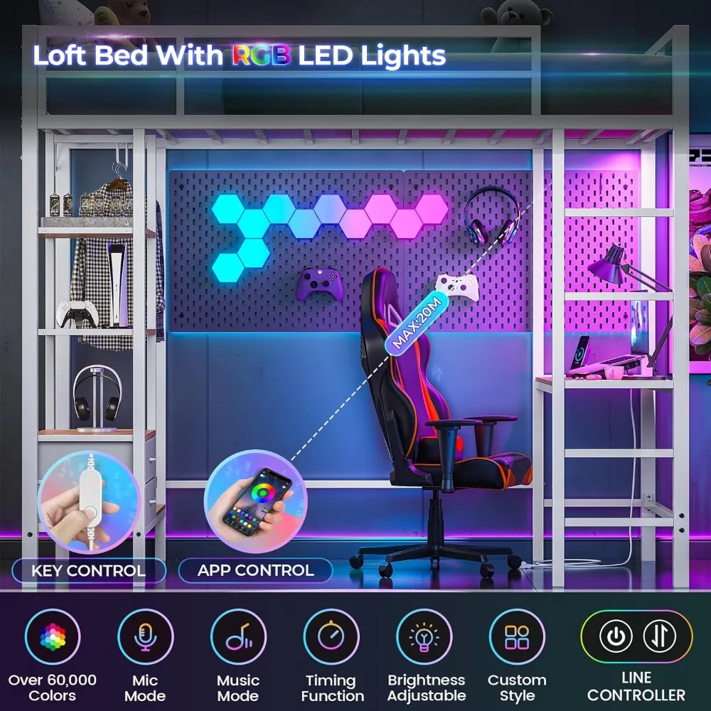 Metal Loft Bed Twin Size with Desk and Charging Station White Twin Loft Bed with LED Lights, 4Storage Shelves and2Fabric Drawers 6