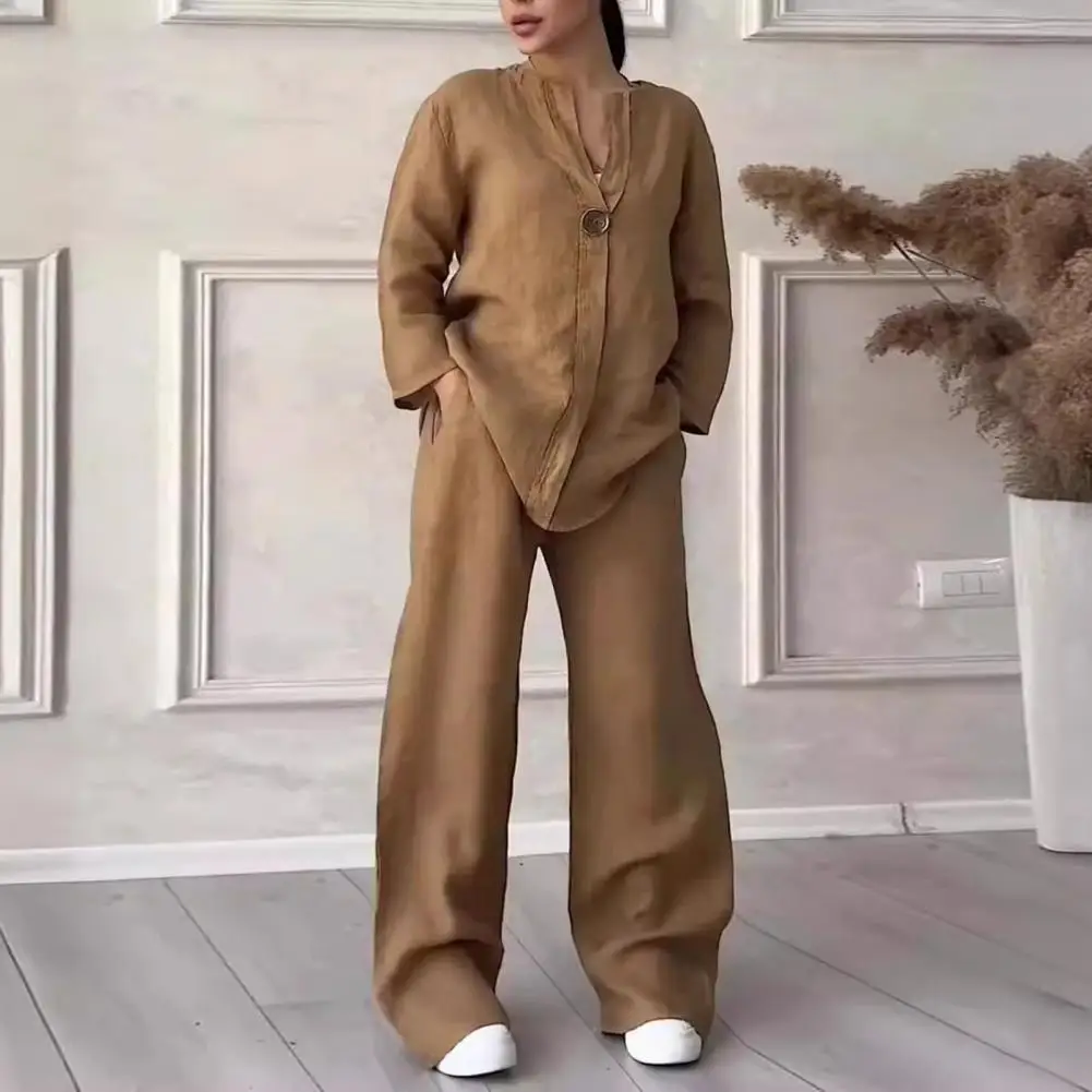 V-neck Long Sleeve Button Top Wide Leg Elastic Waistband Elastic Waistband OL Commuter Casual Suit