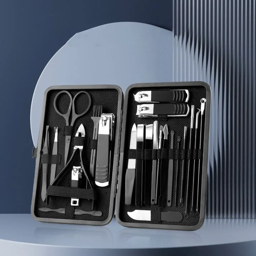 13/24개 미끄럼 방지 디자인 스테인리스 스틸 손톱깎이 세트 PU 케이스 포함 날카로운 날, 블랙 매니큐어 세트, 어린이용 손톱 다듬기 세트