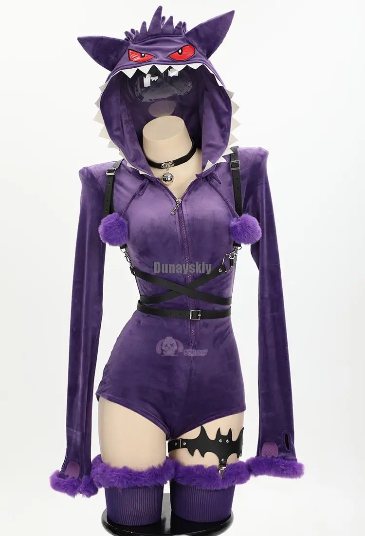 

Women Purple Ghost Cosplay Costume Halloween Purple Sexy Romper Bodysuit Plush Hooded and Socks with Belt and Tail