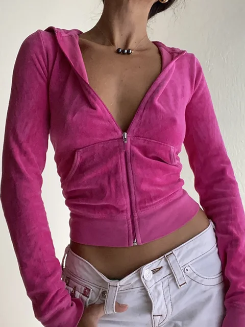 Allneon 2000s Aesthetics Pink Velour Sets Slim Y2k Streetwear Zip 