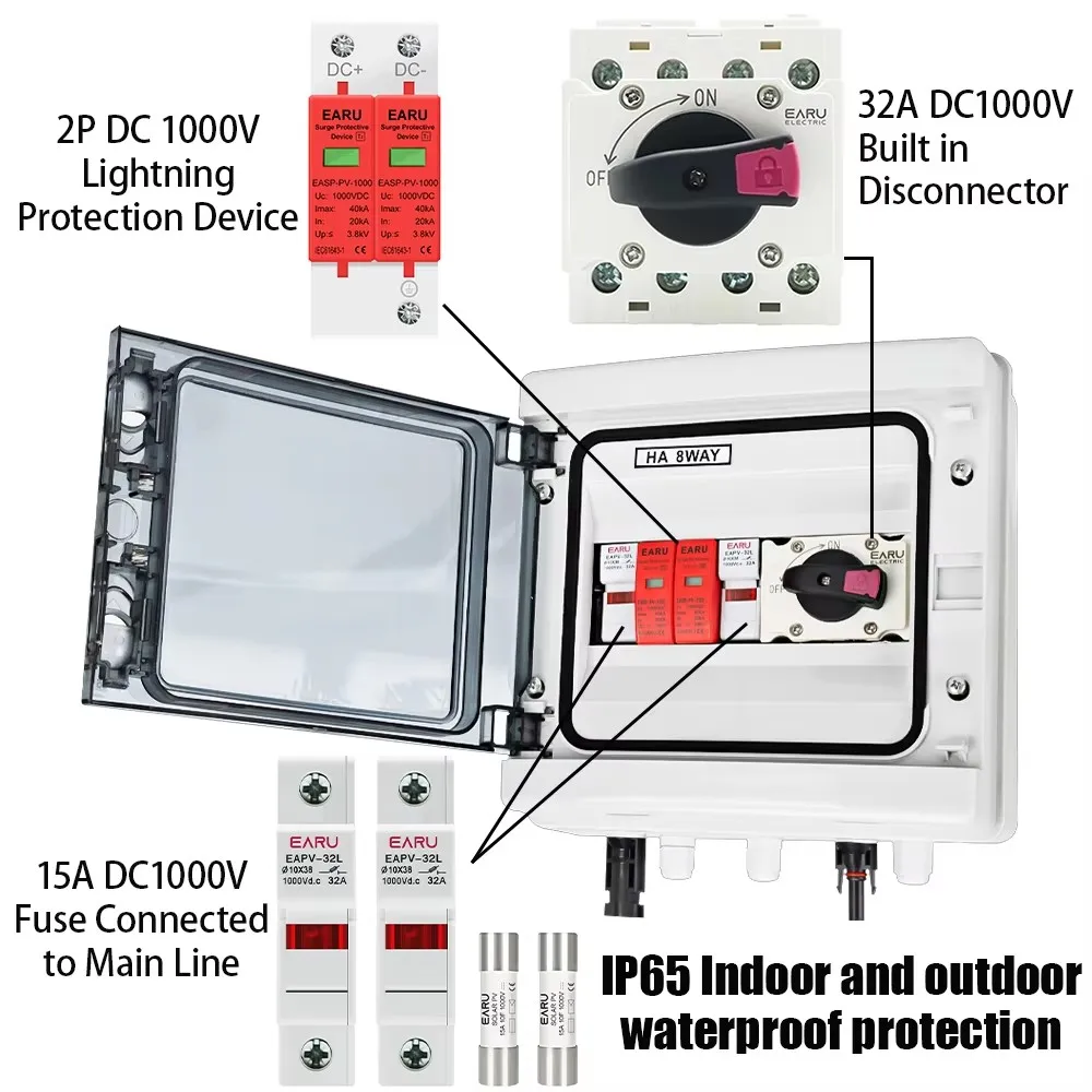 1 Input 1 Output Solar PV Photovoltaic Combiner Box SPD Lightning Protection DC 1000V Fuse Disconnect Switch Waterproof IP65
