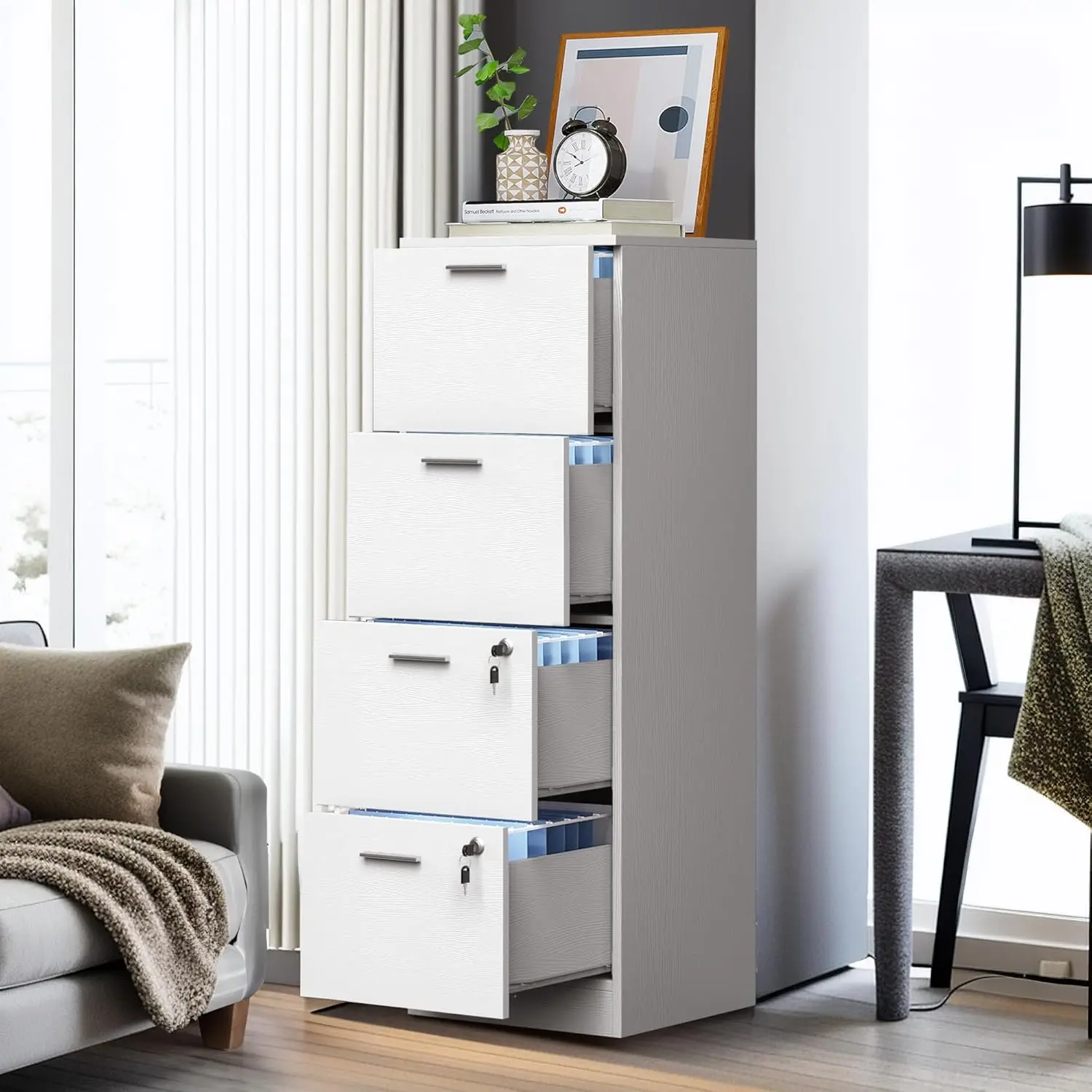 4 Drawer File Cabinet with Lock, Chests of Drawers, Wood Storage Cabinet, Home Office Cabinets, Hanging Letter/Legal/A4, White