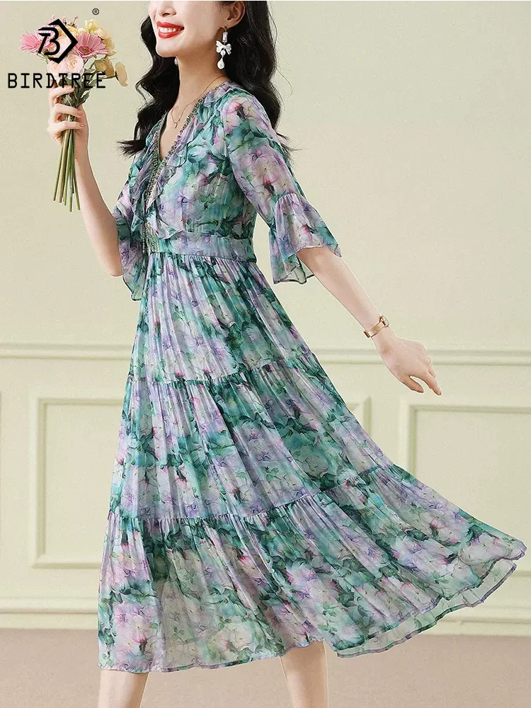 

Женское платье с цветочным принтом Birdtree, 100% шелк тутового шелкопряда 6A, роскошная универсальная юбка с v-образным вырезом и Расклешенным рукавом, D30770QD