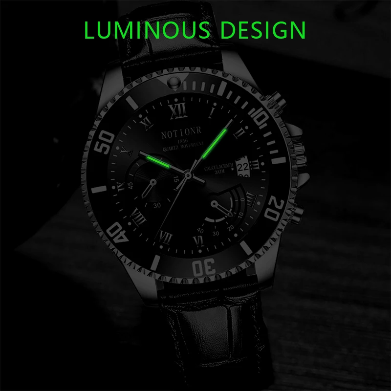 NOTIONR Fashion Mens Black Watches for Men Calendar Quartz Wrist Watch Luxury Man Business Leather Watch relogio masculino