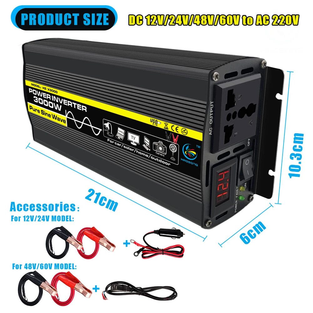 

3000W Car Power Inverter Modified Sine Wave LED Display DC 12V/24V/48V/60V To AC 220V Solar Car Transformer Convert