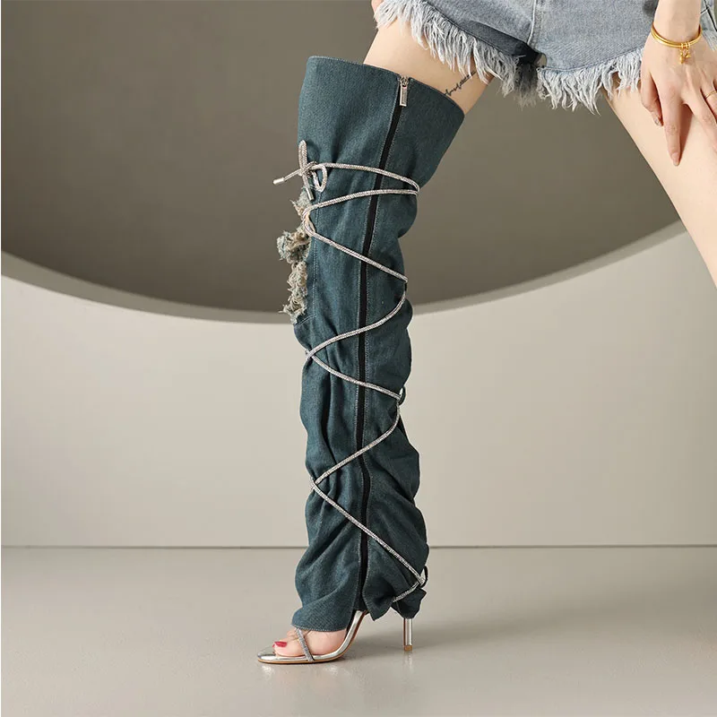 

Arden Furtado Summer Over the knee boots Denim Round toe Open toe Stilettos heels Side zipper Cross strap Ladies Cool boots