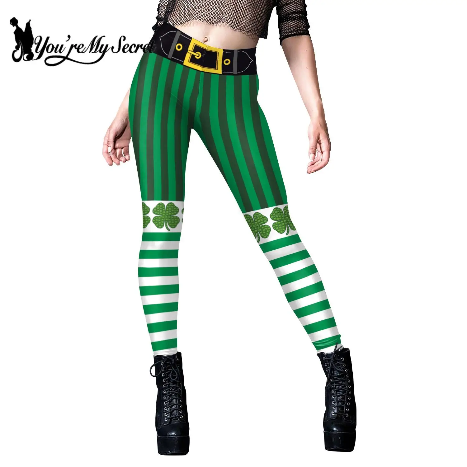 

[You're My Secret] St. Patrick's Day Striped Print Leggings for Women Sexy Holiday Party Pants Female Elastic Tights Trousers